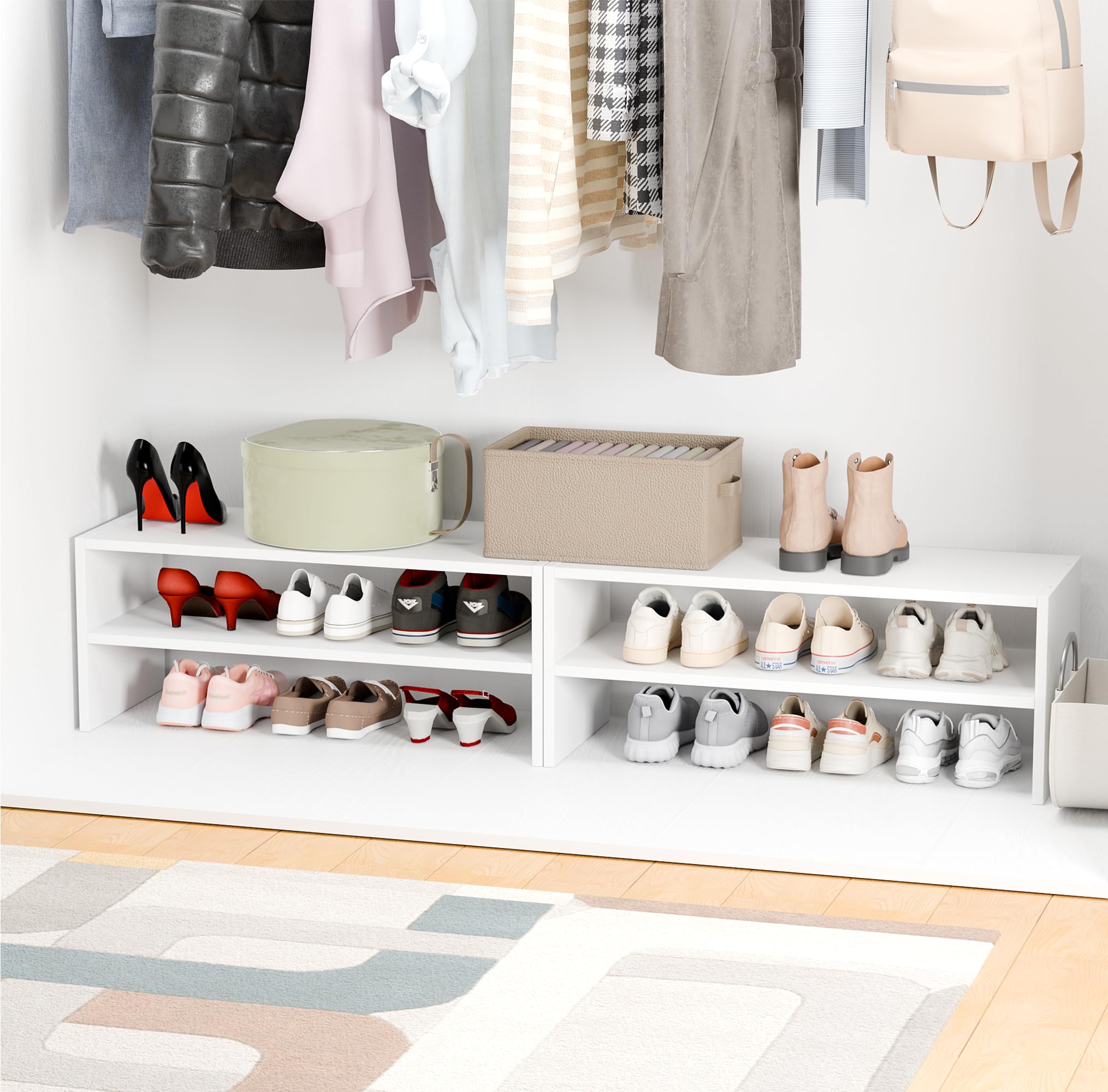 Whitmor loaded shelves with shoes showing capacity and organization benefit