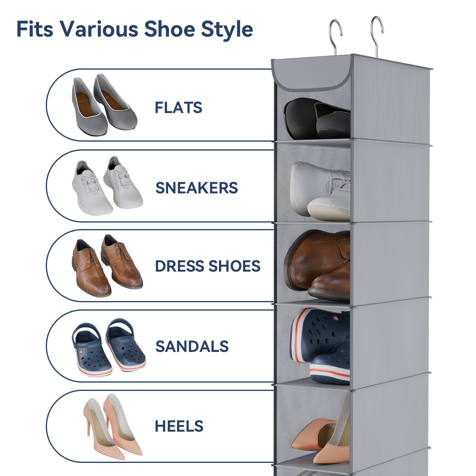 Whitmor shelves filled with shoes illustrating organized visible storage benefit