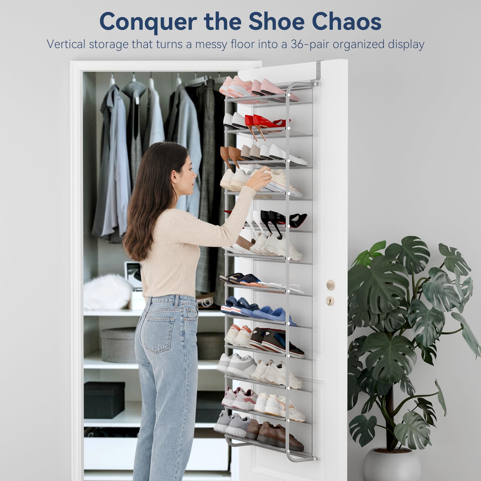 Whitmor side profile with hooks on door demonstrates easy no-drill installation
