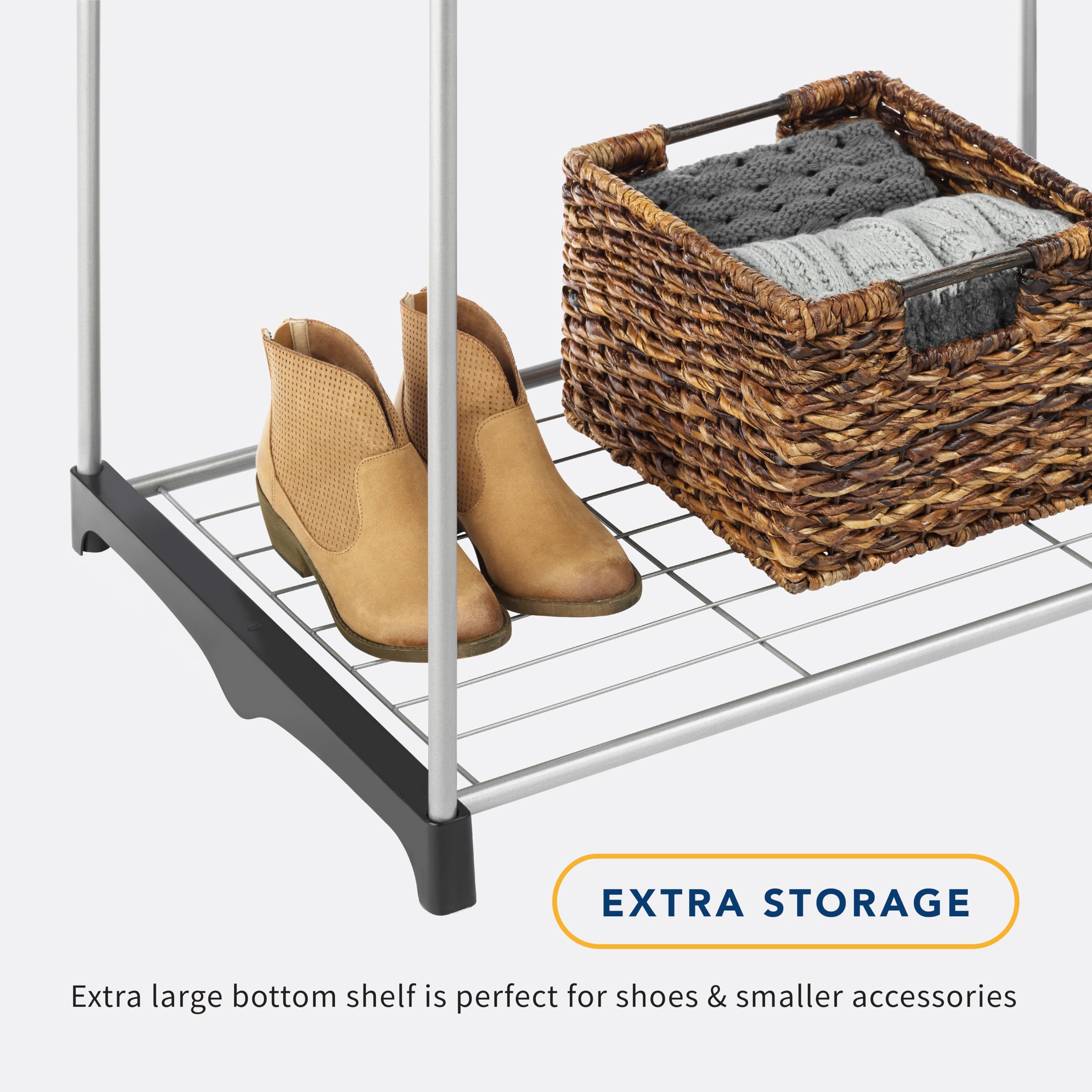Whitmor organizer next to person showing scale and capacity benefit
