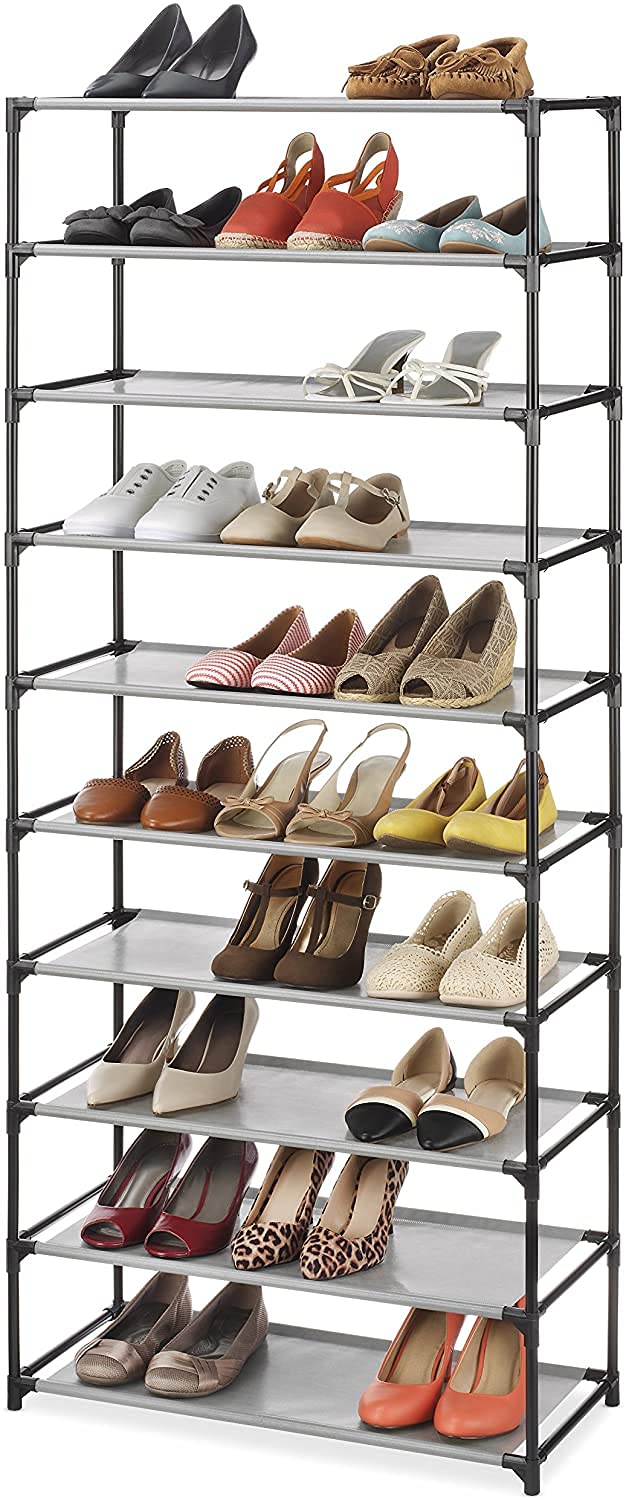 Whitmor front view of full 10-tier shoe tower showing neat storage benefit