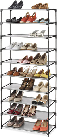 Whitmor front view of full 10-tier shoe tower showing neat storage benefit
