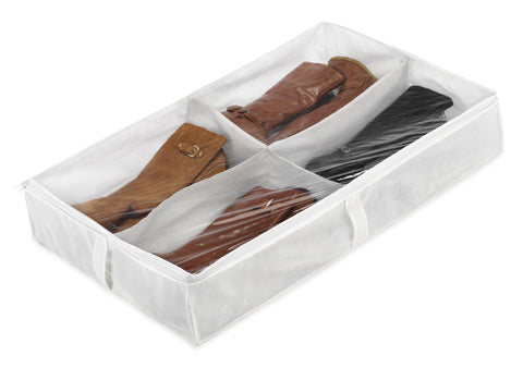 Whitmor underbed boot bag front view showing four compartments and tidy storage benefit