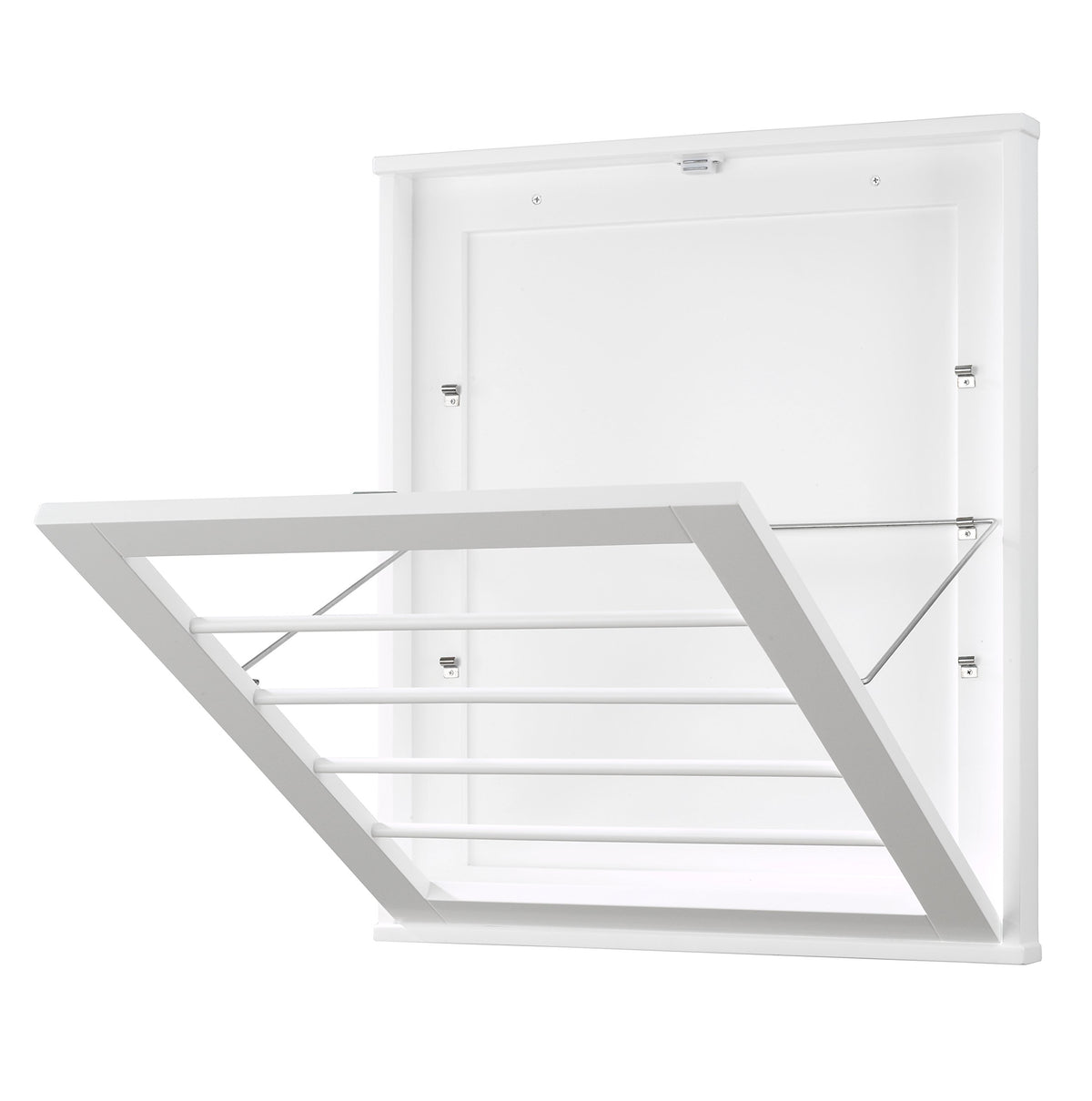 Whitmor front view of wall-mounted drying rack showing space-saving benefit