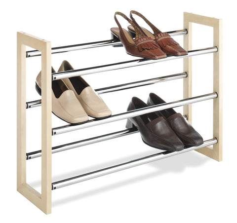 Whitmor front view showing wood frame and chrome bars, organized shoes benefit