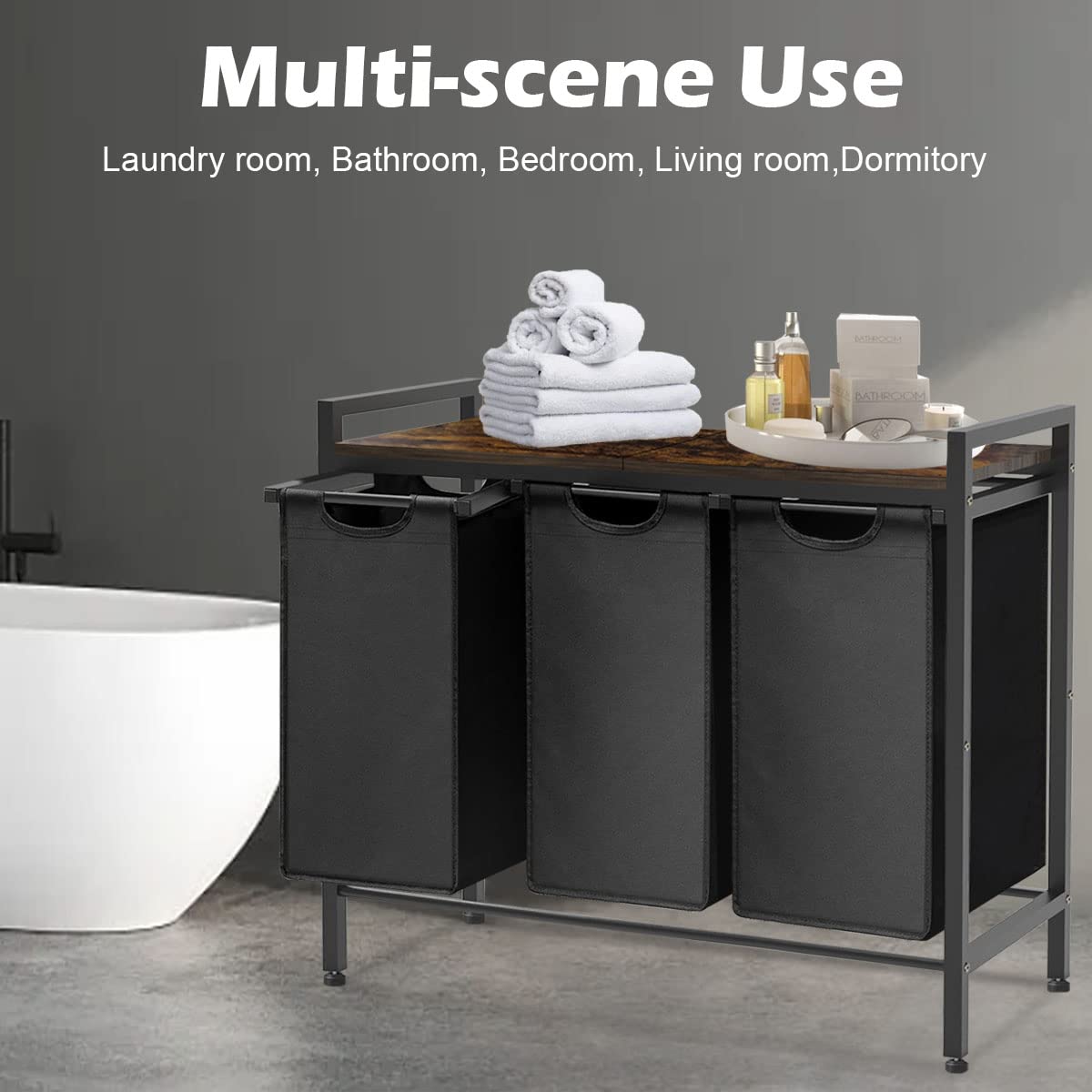 Whoonba unit next to standard laundry basket to show space-saving benefit