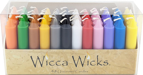 WICCA WICKS front packaging showing box of 48 colored tapers and contents benefit