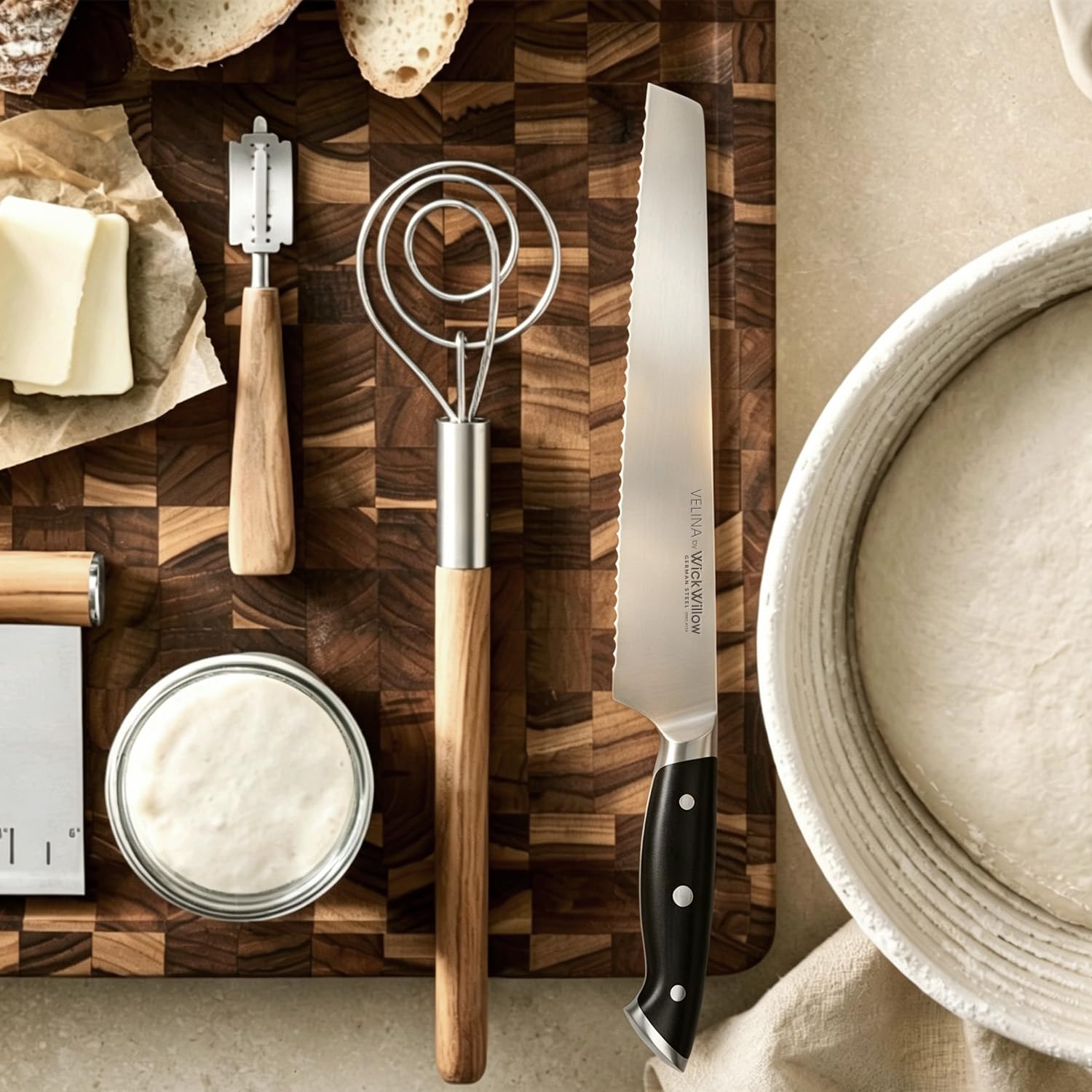 WICKWILLOW slicing sourdough to demonstrate clean, even cuts and preserved texture