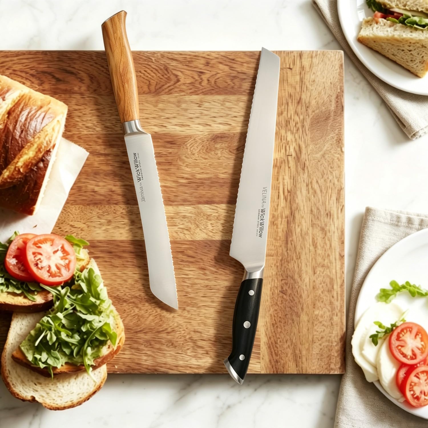 WICKWILLOW scale comparison beside a loaf to show the 10-inch blade reach advantage