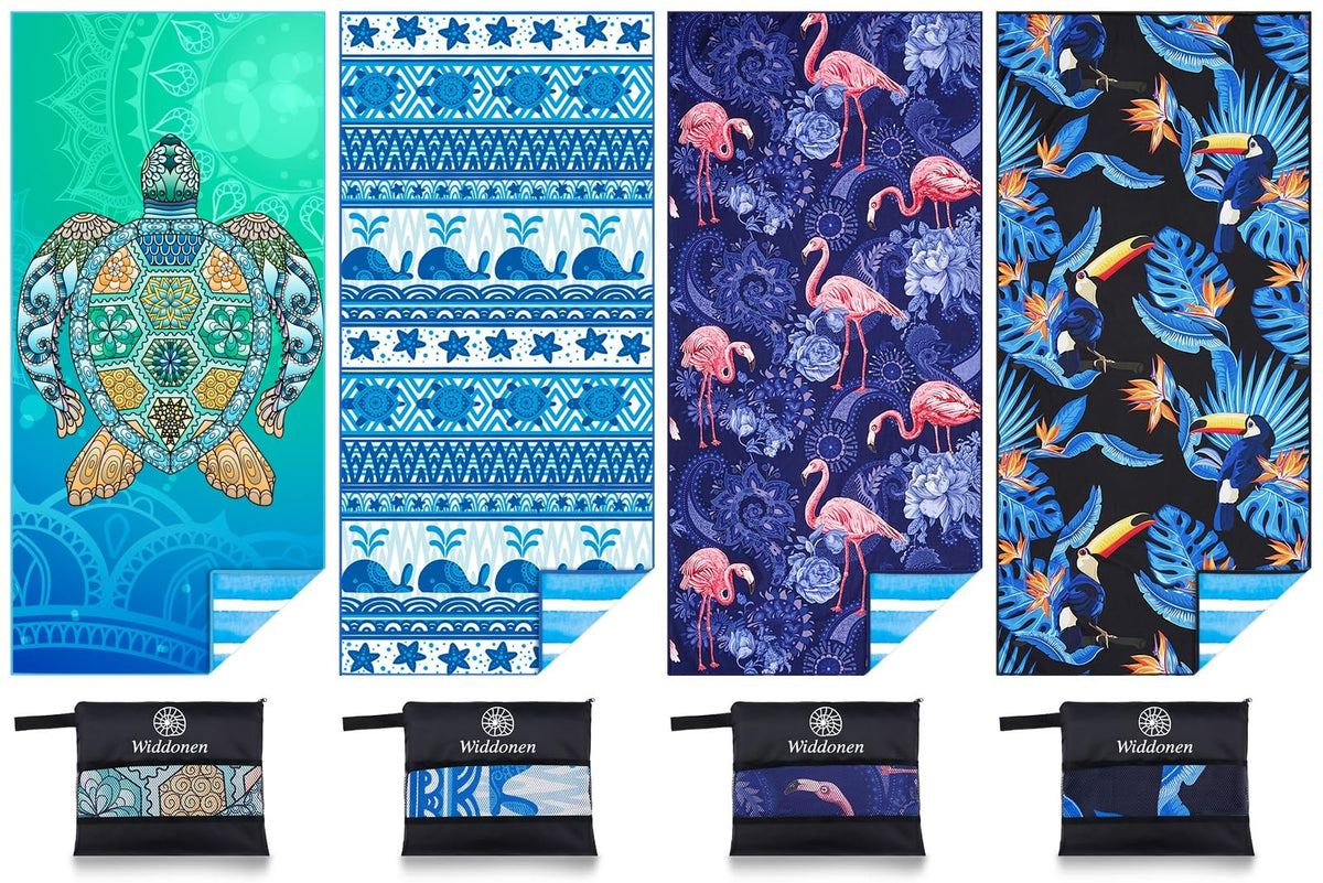 Widdonen front view of 4-pack compact beach towels shows convenience