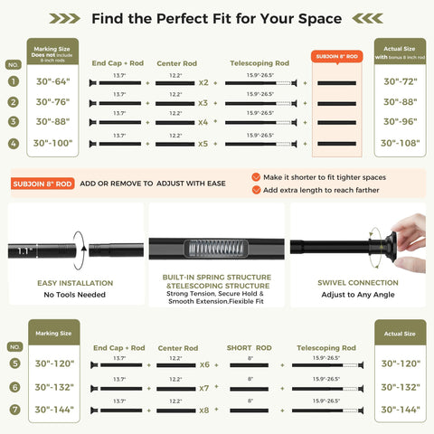 Widyana rod length shown with measuring tape illustrating 30–130 inch adjustable range