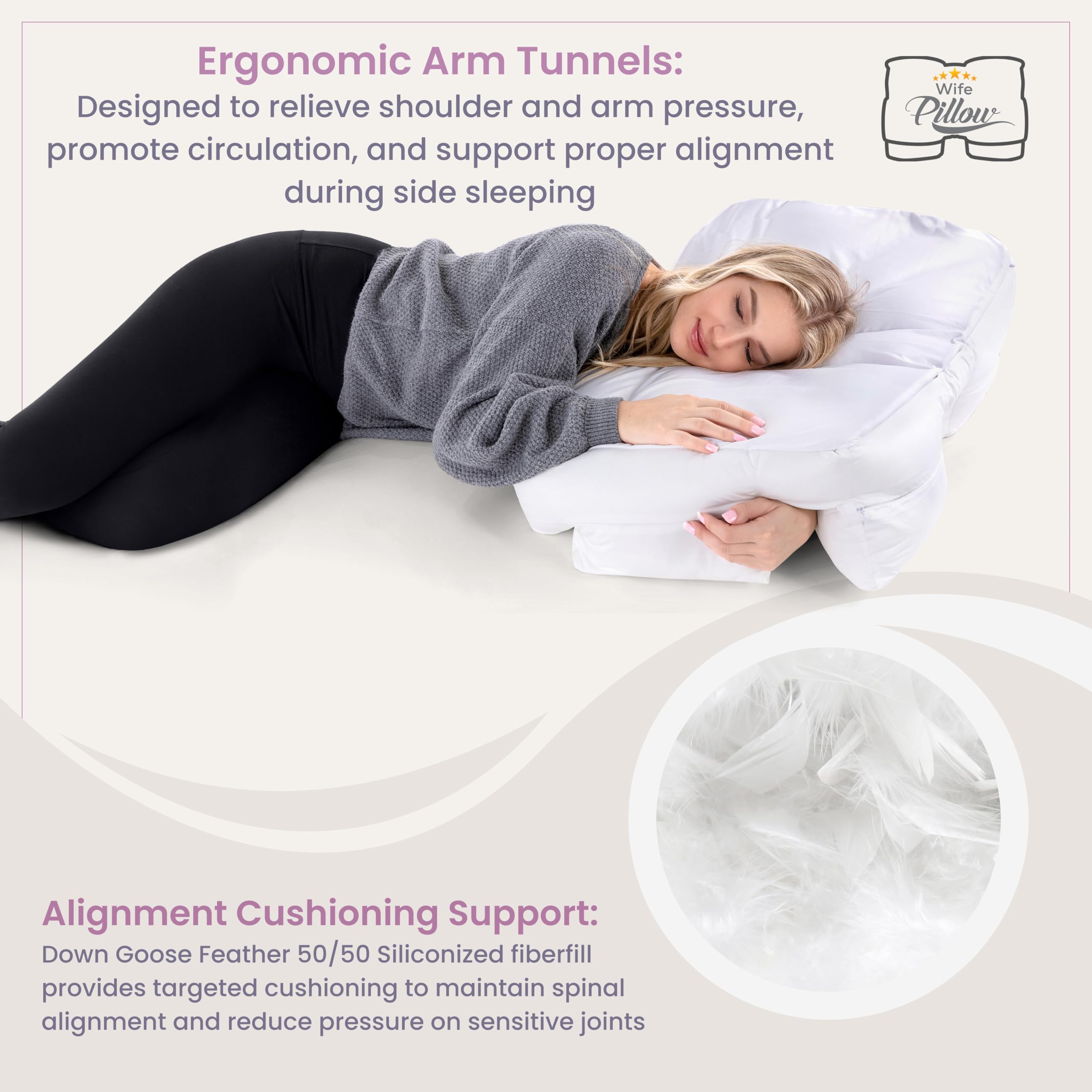 Wife Pillow side profile on bed demonstrating stable side-sleep posture