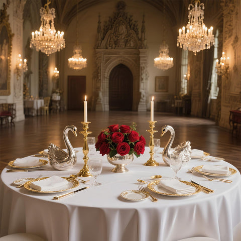 WIGENIUS styled wedding table showing white tablecloth enhancing centerpieces
