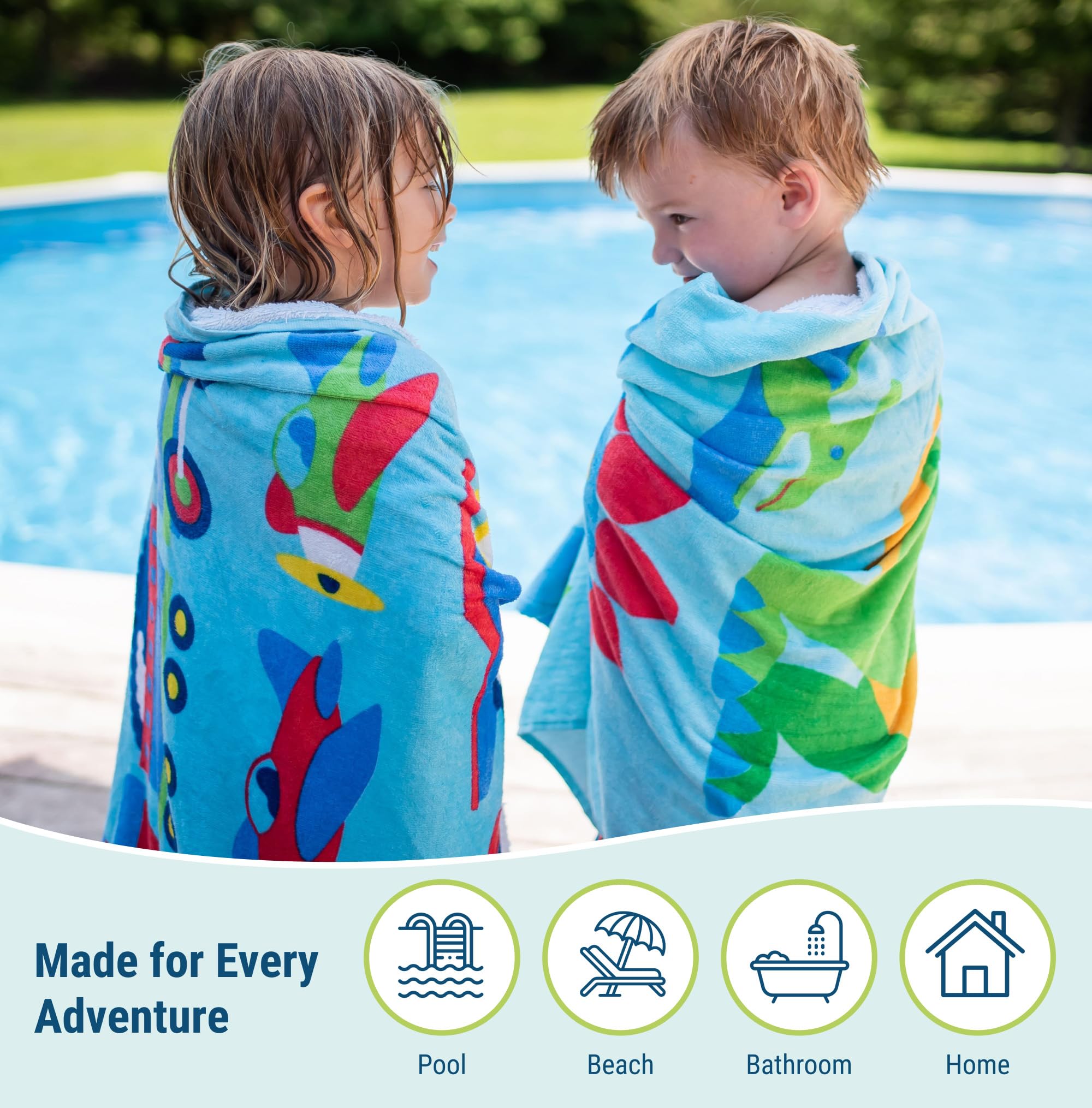 Wildkin towel in use poolside with child drying off after swim