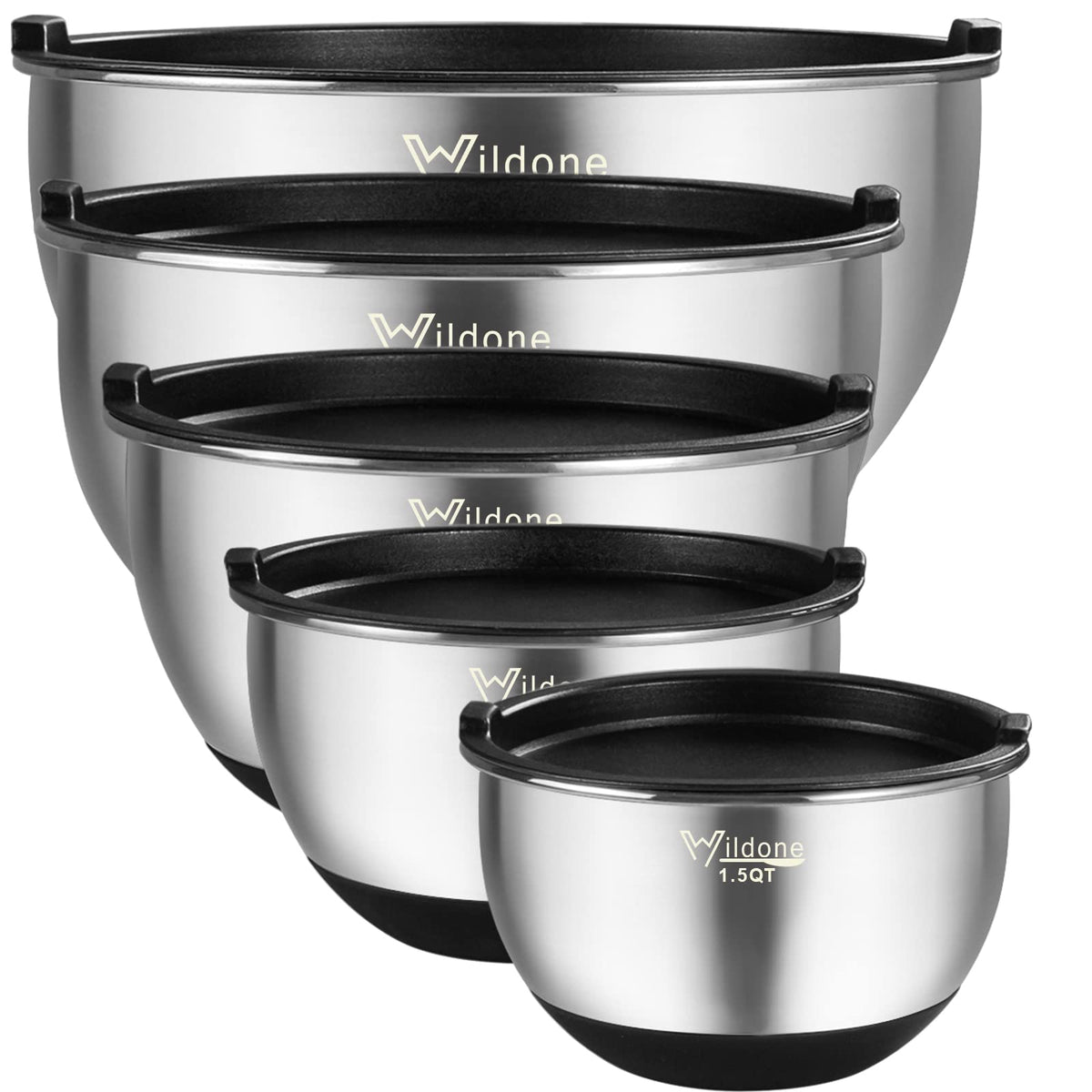 Wildone front view of all five bowls showing sleek finish and space saving