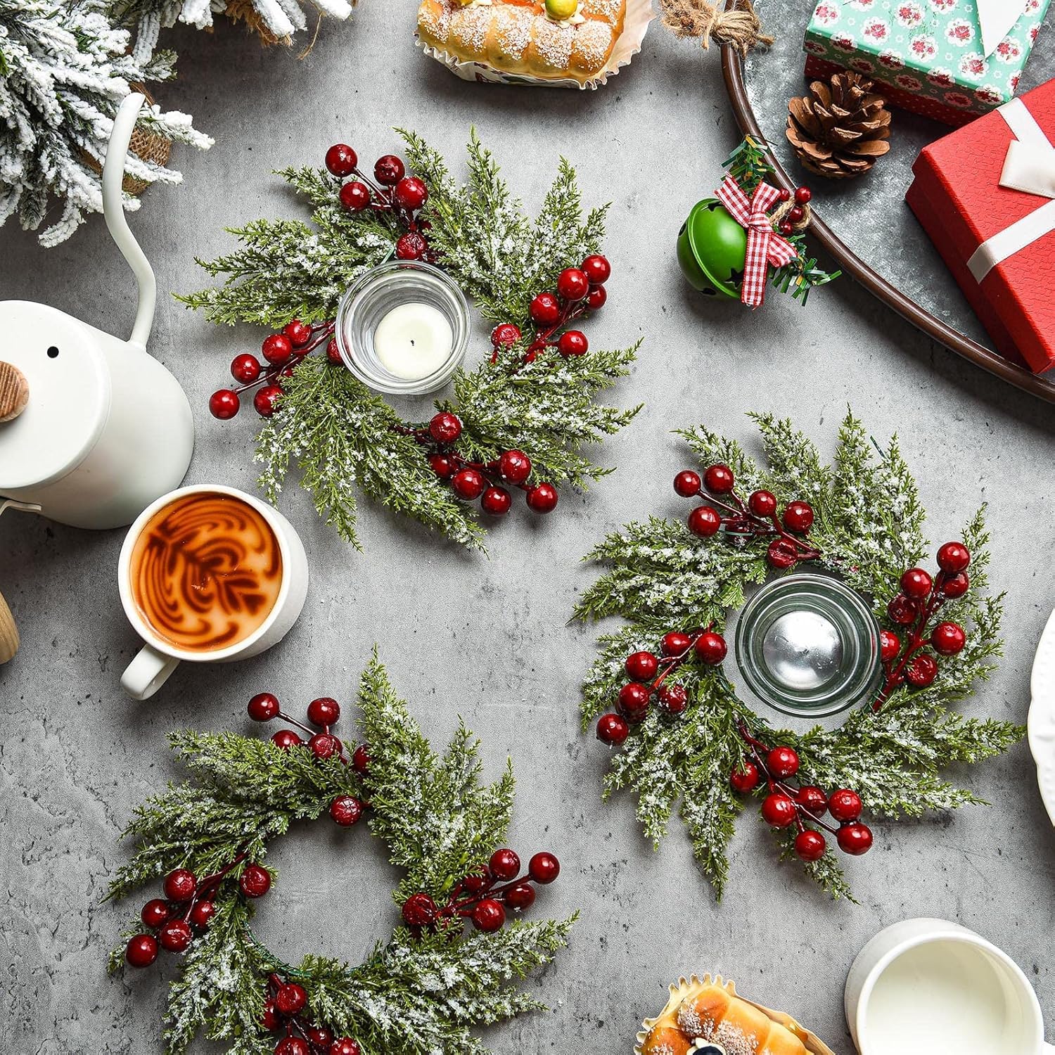 WILLBOND several wreaths arranged as a dining table centerpiece for warmth