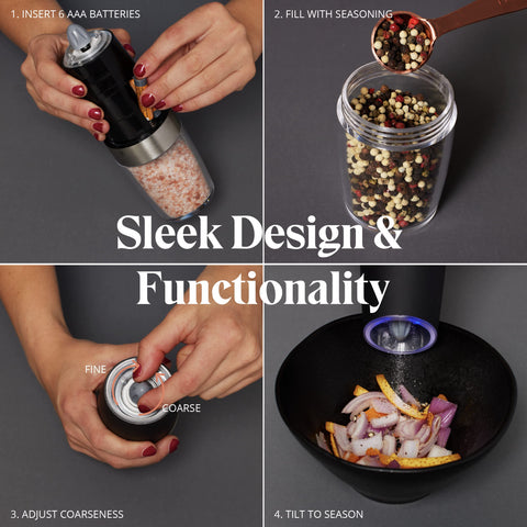Willow & Everett grinder tilted over a frying pan for hands-free seasoning benefit