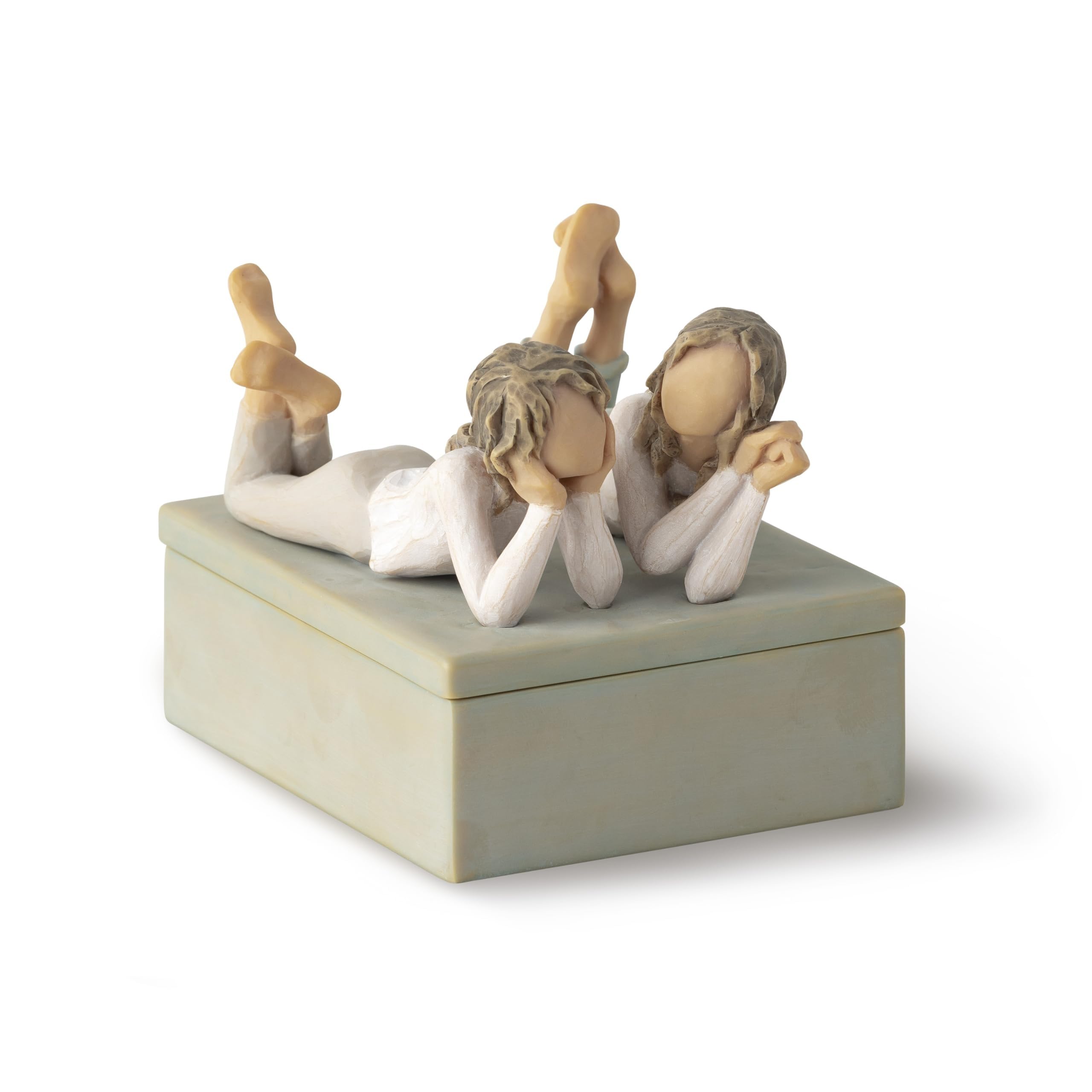 Willow Tree front view of keepsake box showing sculpted girls and blue-gray finish