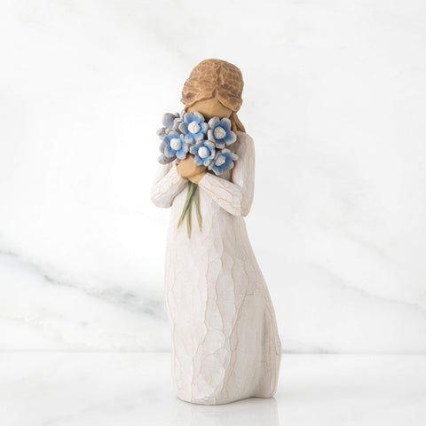 Willow Tree close-up of blue forget-me-not bouquet highlighting hand-painted detail