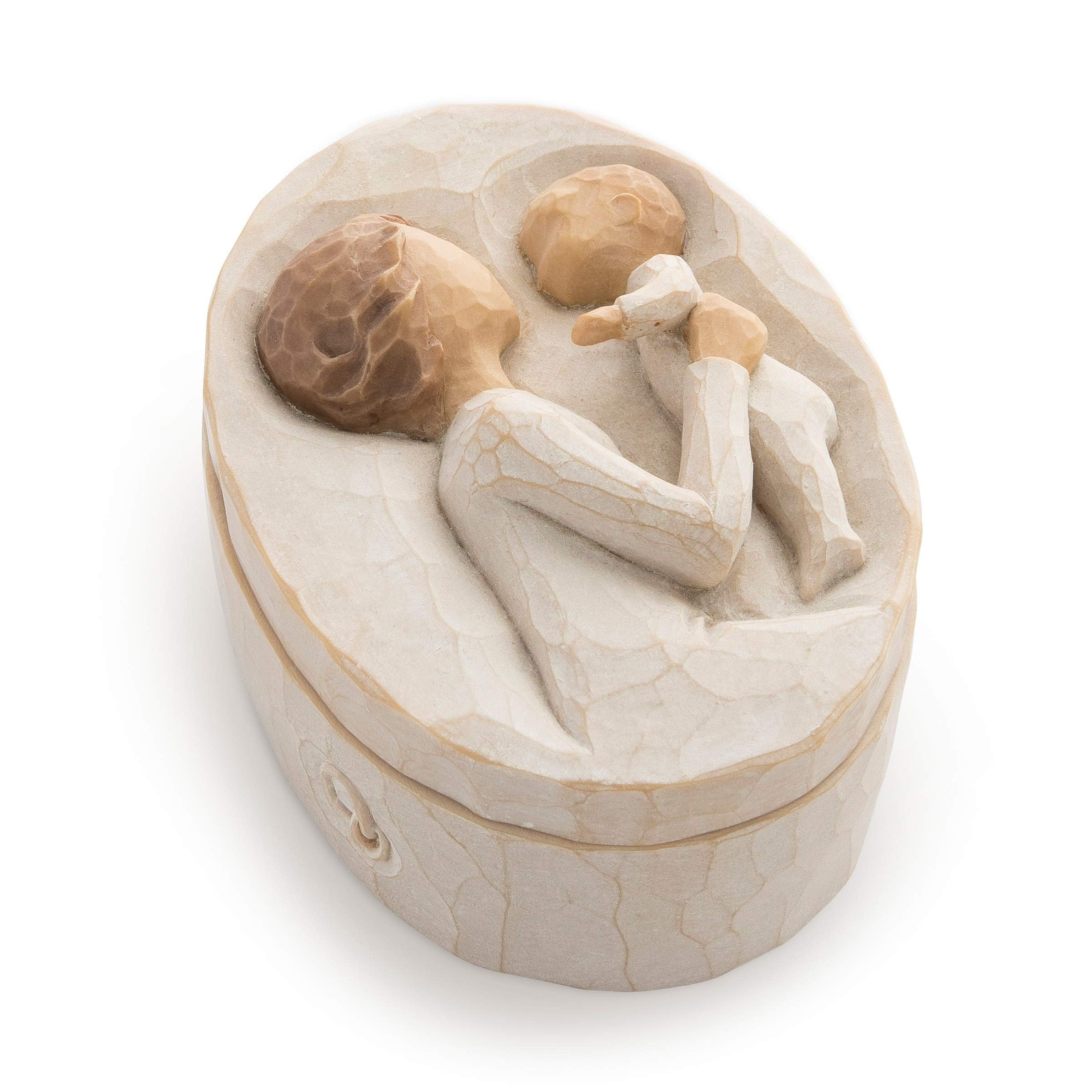 Willow Tree front view of keepsake box showing carved grandmother figure and baby, ideal for gifting
