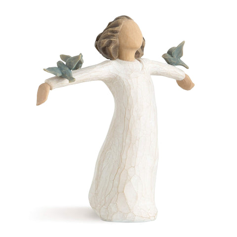 Willow Tree front view showing figure and three bluebirds, conveys celebration