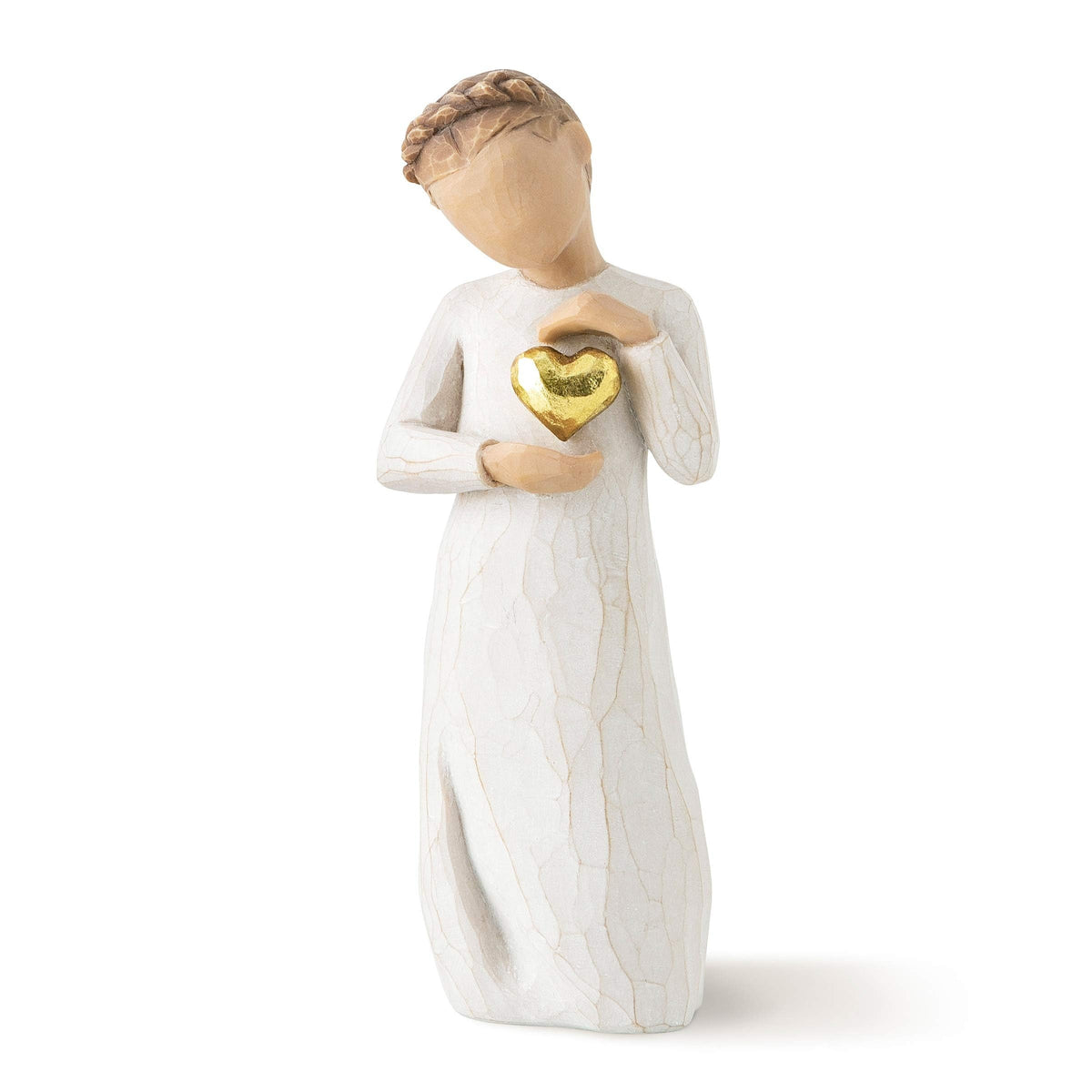 Willow Tree Keepsake front view showing standing figure and gold heart for heartfelt display