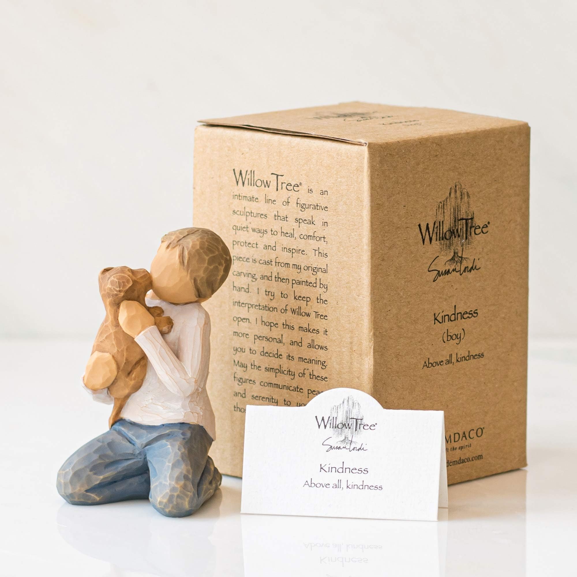 Willow Tree Kindness (boy) styled on mantel with decor to show heartfelt atmosphere