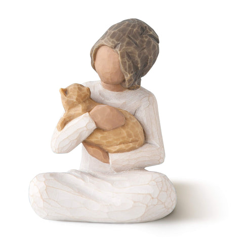 Willow Tree figure front view showing seated girl and yellow cat benefits warmth