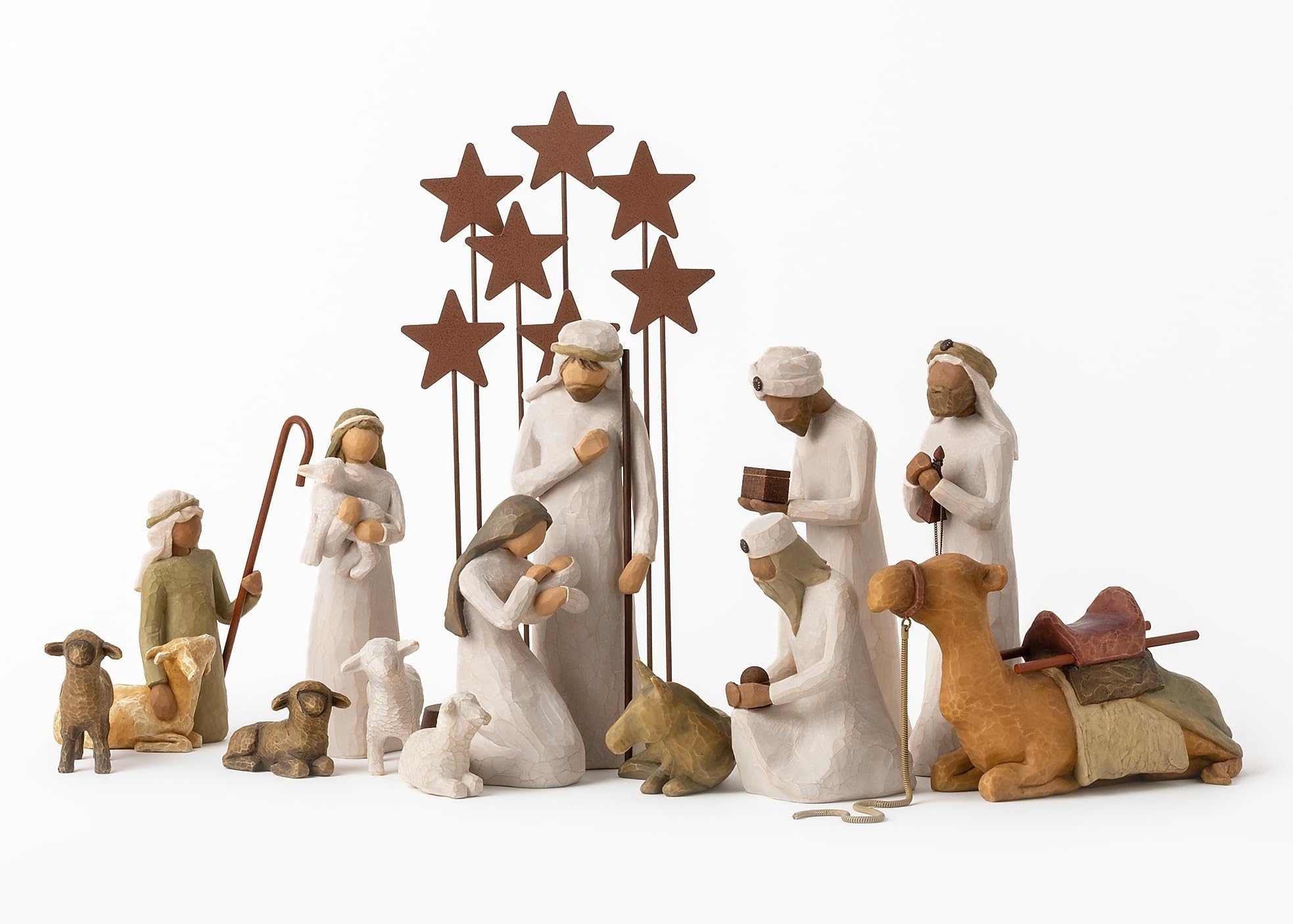 Willow Tree front display of 14-piece nativity set showing calm, cohesive scene