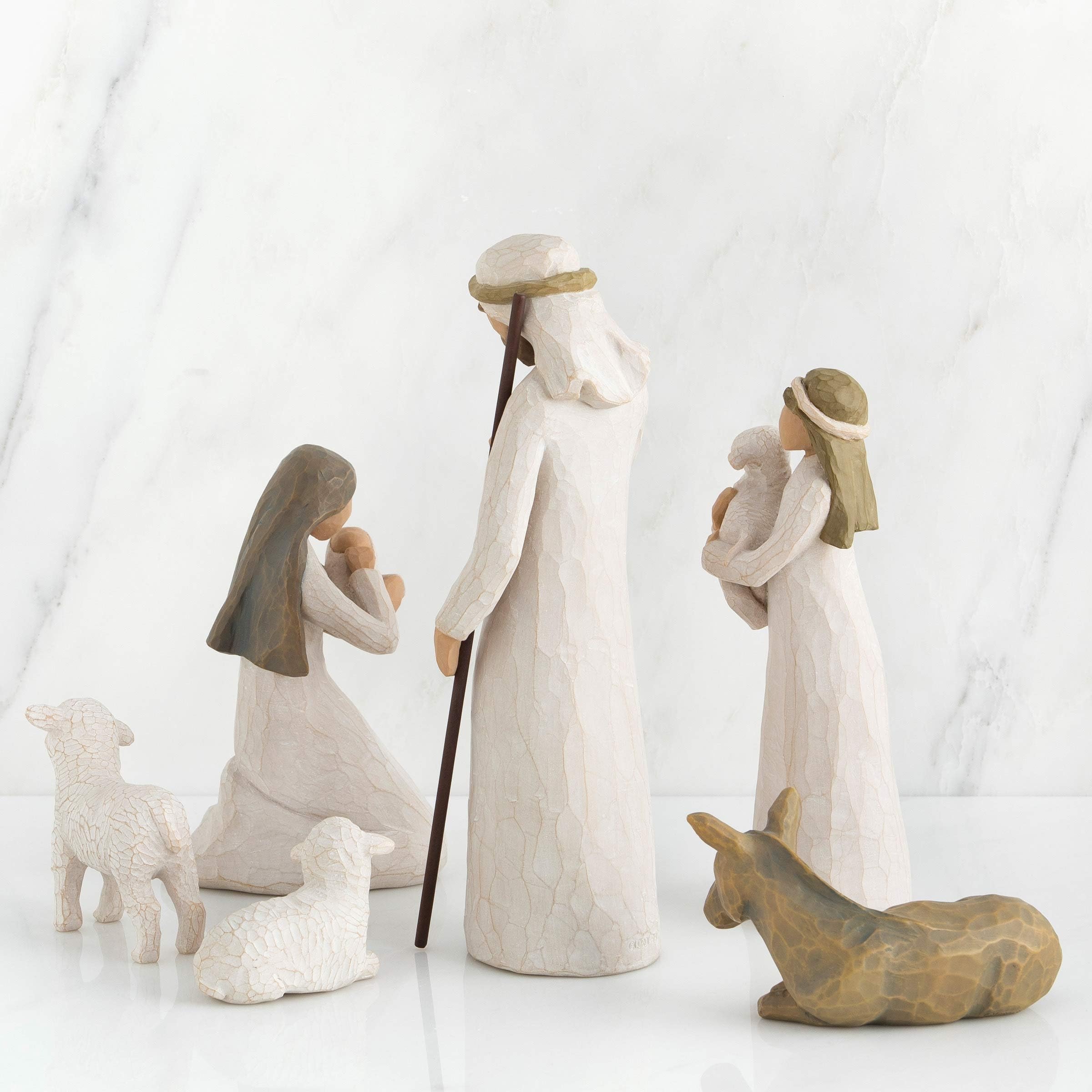 Willow Tree Mary and Joseph close-up highlighting hand-painted texture and warmth