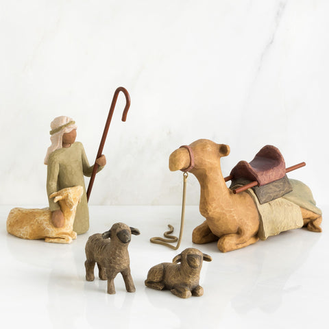Willow Tree shepherd with goat showing tender pose and coordinated scale