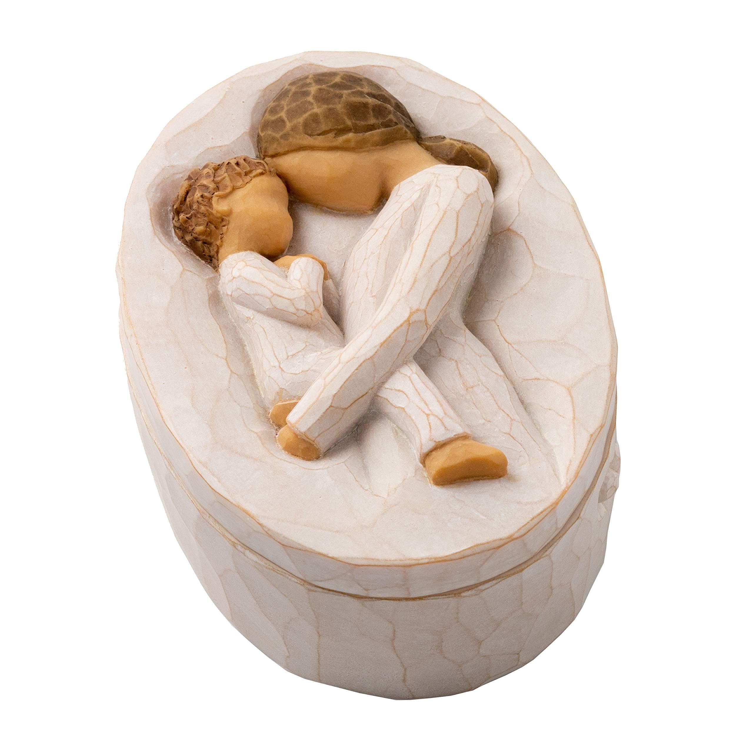 Willow Tree front view of keepsake box showing mother and toddler relief, evokes warmth