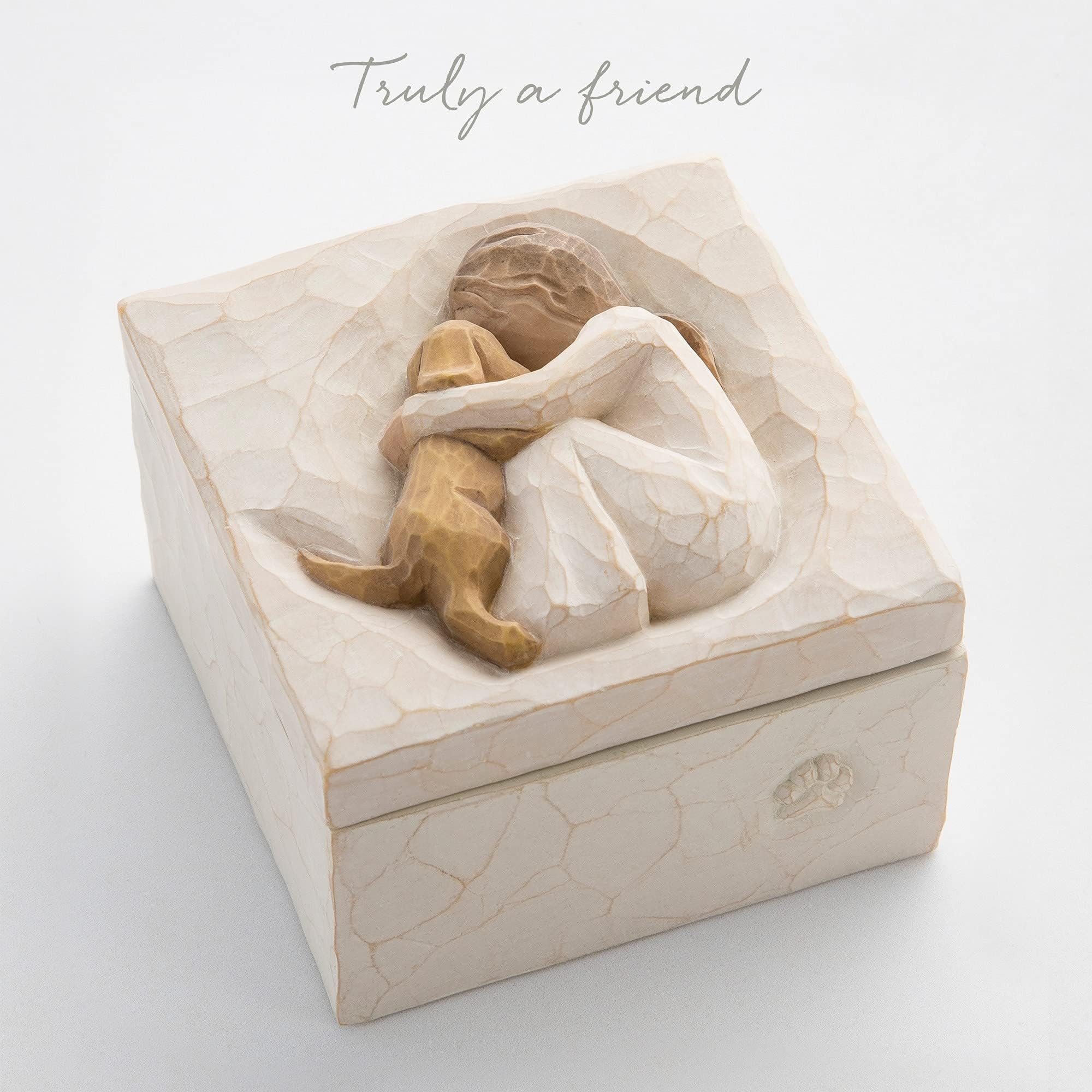 Willow Tree open box interior revealing "Truly a friend" sentiment and storage benefit