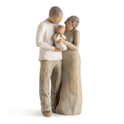 Willow Tree front view showing couple and baby, evokes family warmth