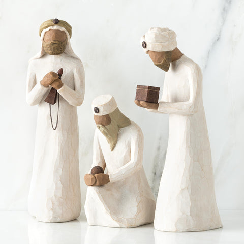 Willow Tree close-up of the three wisemen highlighting hand-painted metal gifts