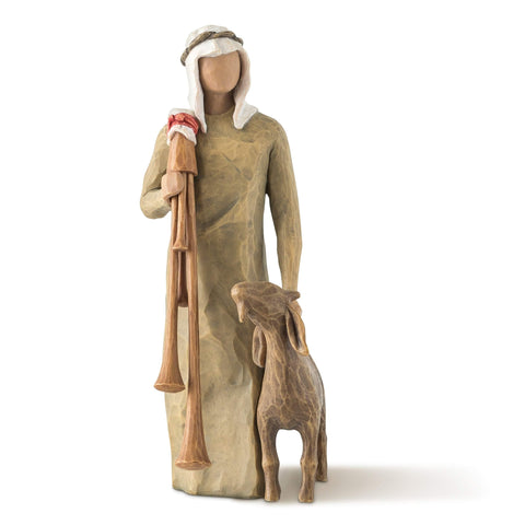 Willow Tree Zampognaro front view showing shepherd and bagpipes, ideal for nativity displays