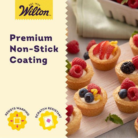 Wilton baked mini cupcakes in pan showing even browning and quick release