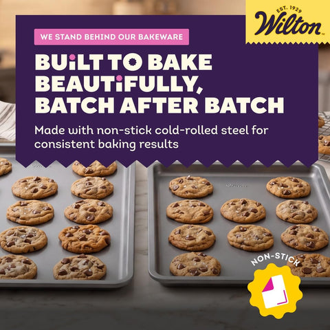 Wilton baking sheet edge profile highlighting sturdy steel that resists warping
