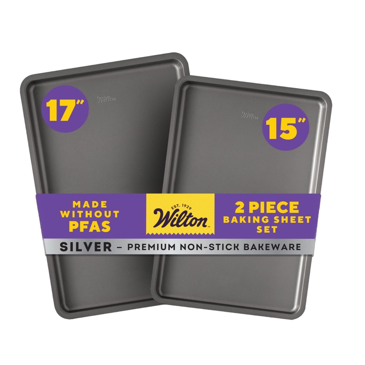 Wilton front view of two-piece baking sheet set showing tidy packaging and practicality