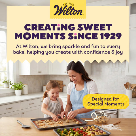 Wilton baking sheets on kitchen counter staged for everyday meal prep and baking
