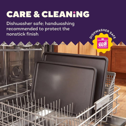Wilton baking sheet next to hand to show scale and usable cooking area