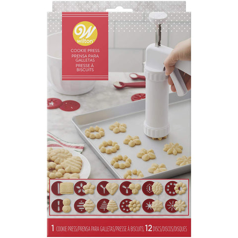 Wilton cookie press front view showing compact press and included discs for quick shaping