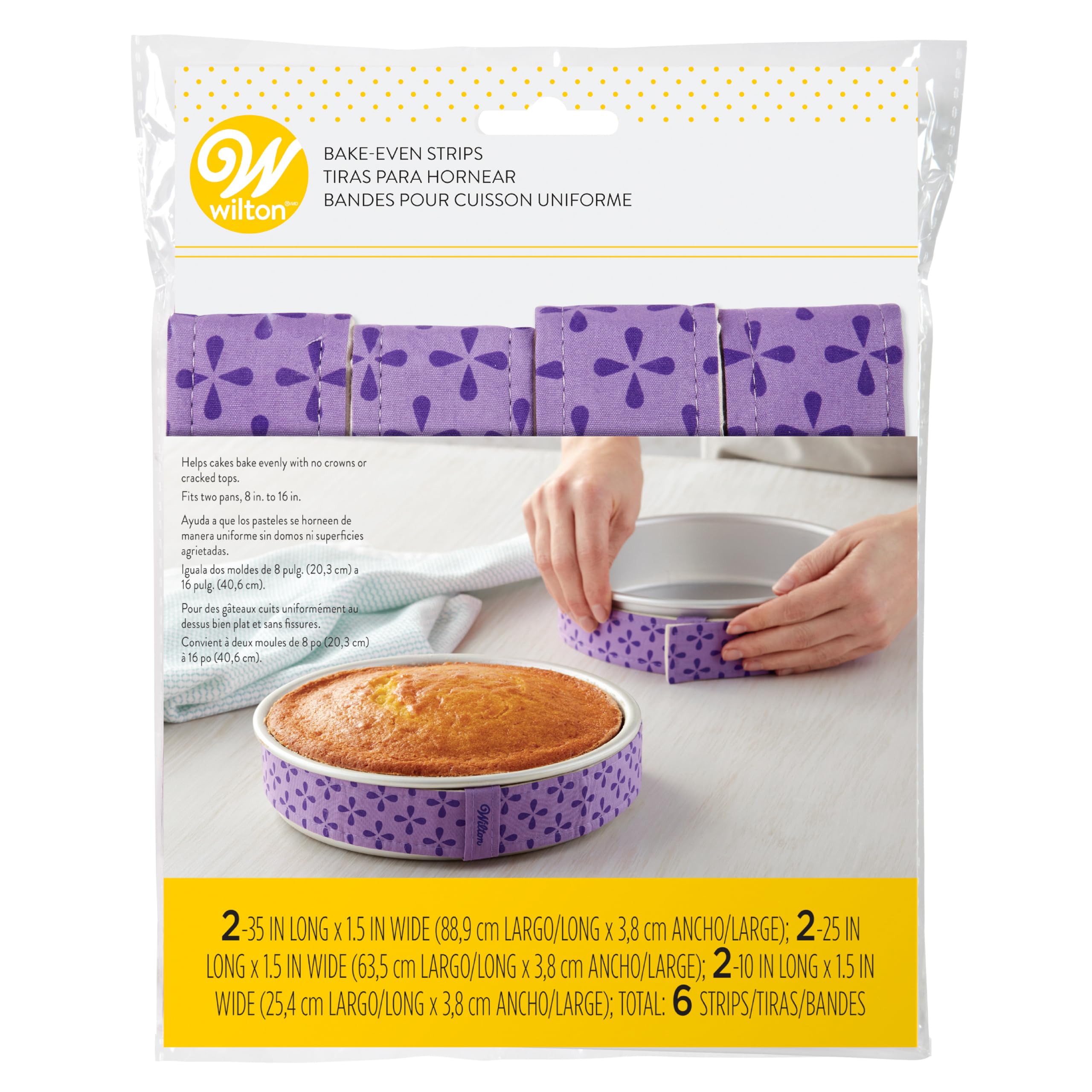Wilton front packaging showing six-piece bake-even strip set for even baking