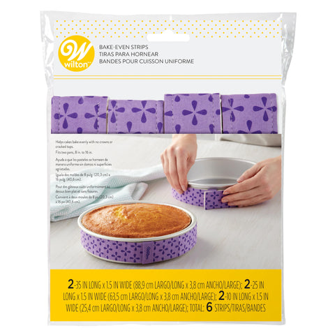 Wilton front packaging showing six-piece bake-even strip set for even baking