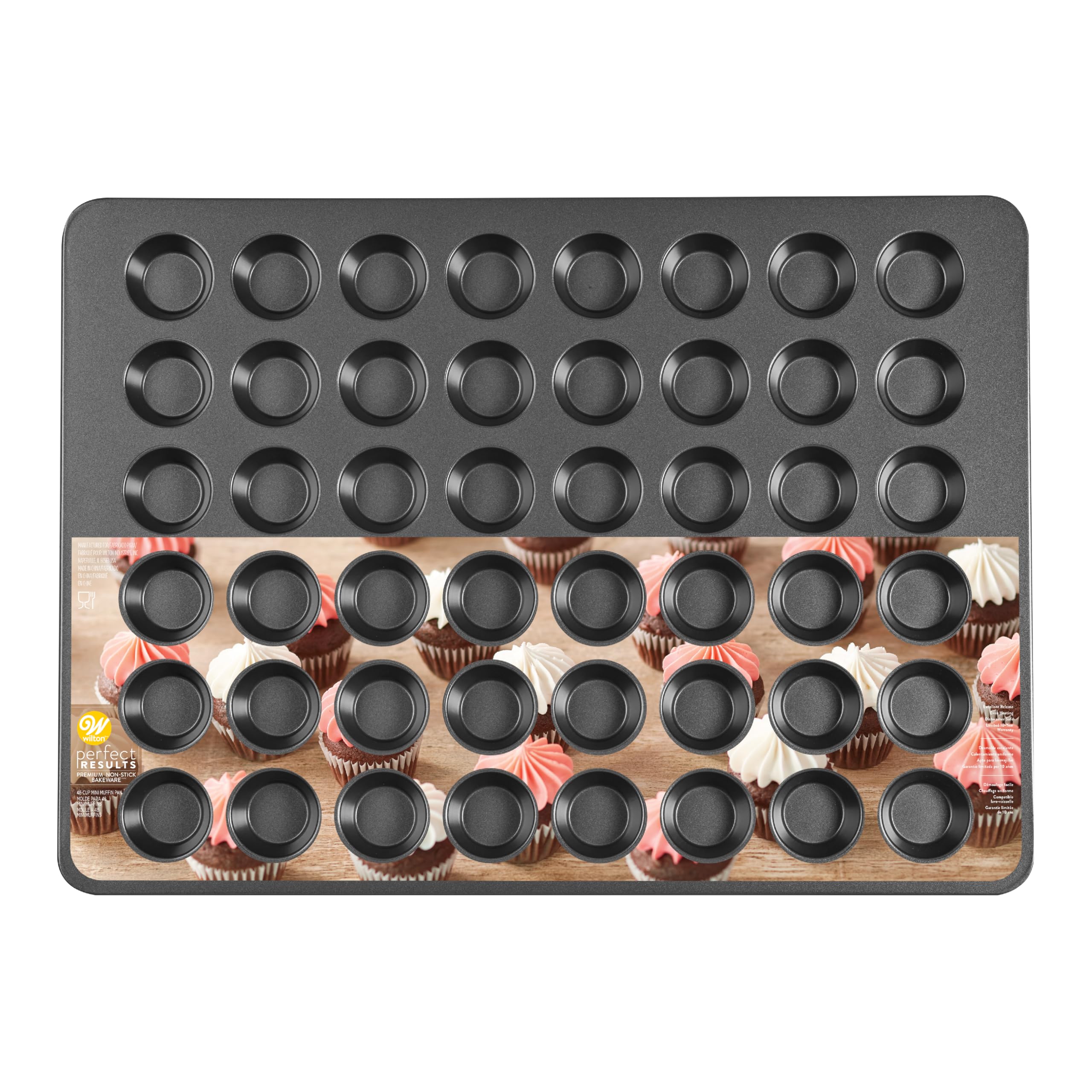 Wilton front view of 48‑cup mini muffin pan shows full capacity and durability