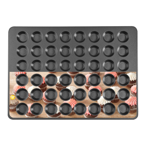 Wilton front view of 48‑cup mini muffin pan shows full capacity and durability