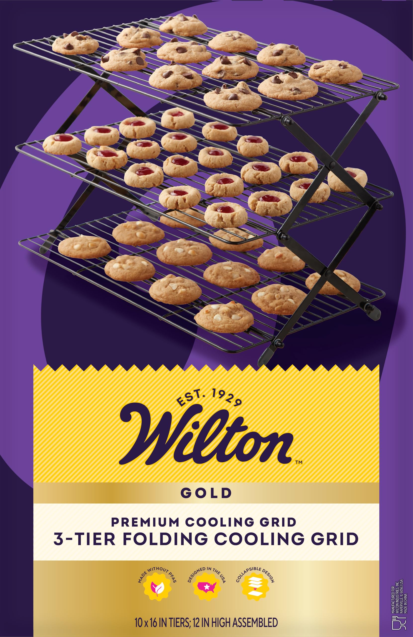 Wilton gold three-tier cooling rack front view shows compact vertical cooling