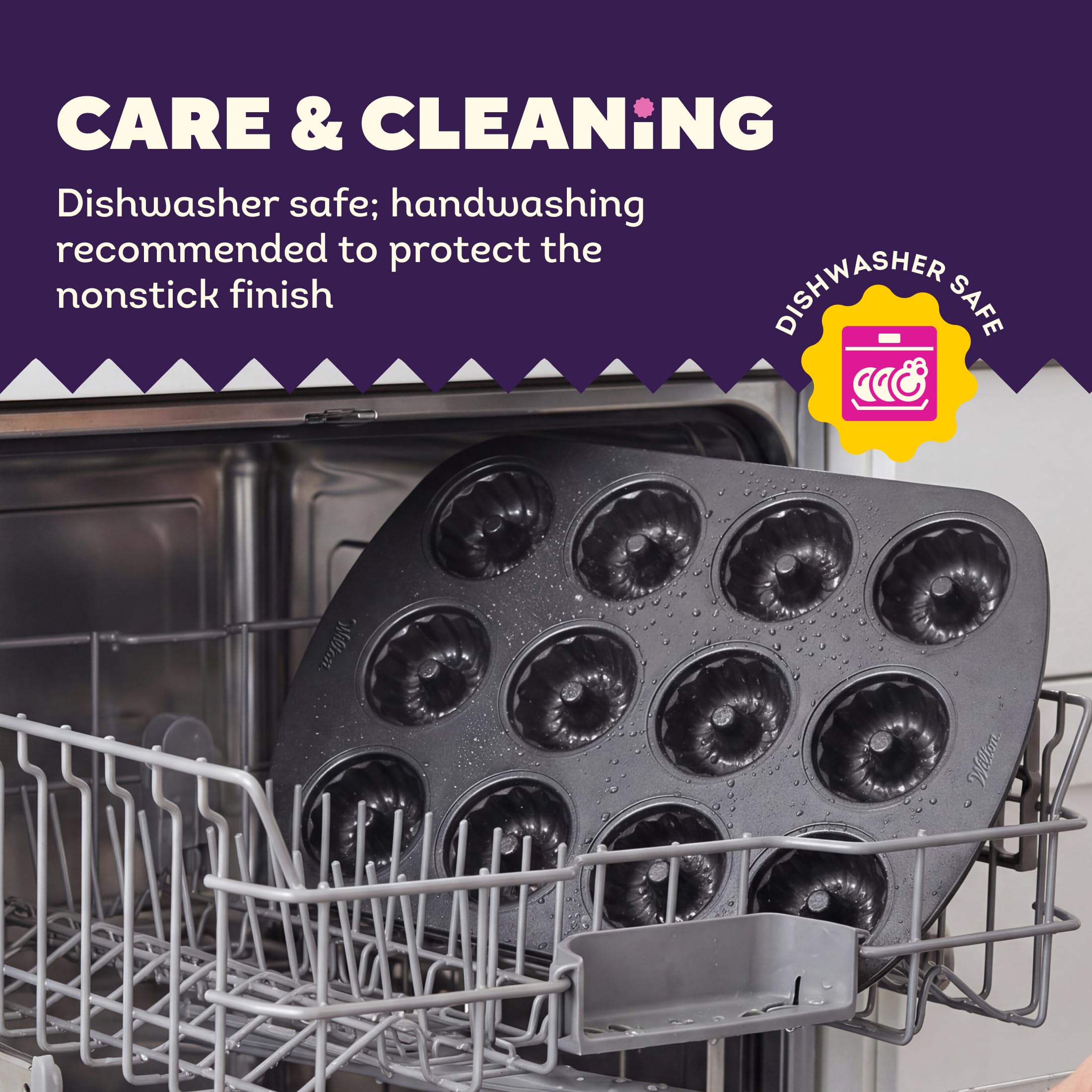 Wilton pan being placed in dishwasher demonstrating easy cleanup