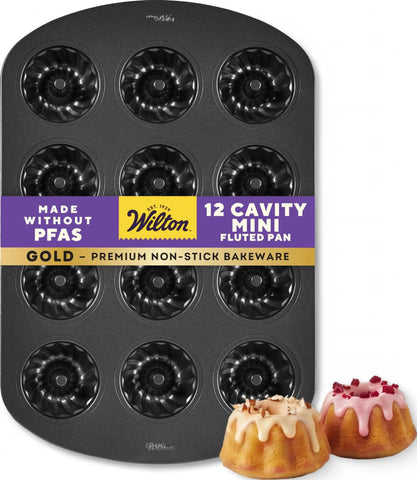 Wilton mini fluted pan front view showing twelve cavities and even shape benefit