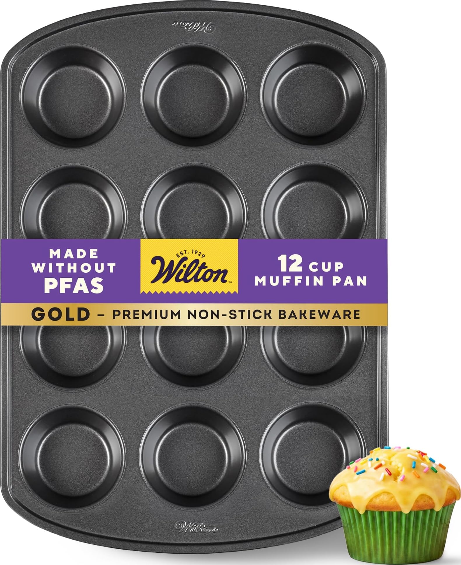 Wilton muffin pan front view showing 12 cups and gold nonstick finish benefit even baking